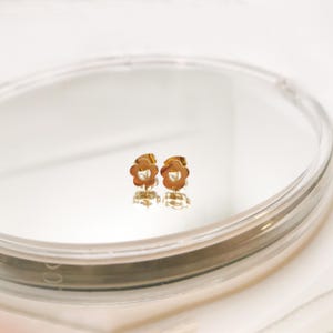 Könnte beinhalten: Ein Paar goldfarbene Ohrstecker in Blumenform. Jeder Ohrring hat ein fünfblättriges Blumenmuster mit einem kleinen, offenen Zentrum. Die Ohrringe werden auf einer reflektierenden Oberfläche präsentiert.
