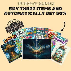 May include: A collection of eight children's activity books with colorful covers featuring various themes, including alphabet, dinosaurs, maze, and monsters. The books are arranged in a semi-circle with a special offer banner at the top that reads "BUY THREE ITEMS AND AUTOMATICALLY GET 50%".