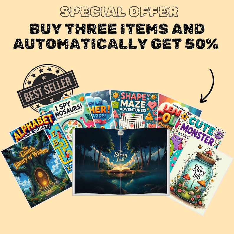 May include: A collection of eight children's activity books with colorful covers featuring various themes, including alphabet, dinosaurs, maze, and monsters. The books are arranged in a semi-circle with a special offer banner at the top that reads "BUY THREE ITEMS AND AUTOMATICALLY GET 50%".
