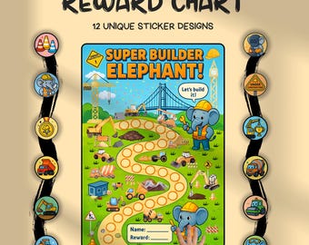 May include: A colorful reward chart with the text "REWARD CHART" and "SUPER BUILDER ELEPHANT!". The chart features a construction theme with an elephant character and 12 unique sticker designs. Includes space for a name and reward.