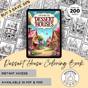 Coloring Book Dessert Houses PDF Printable Adult Kids Digital Download 200 Pages Sweet Candy Gingerbread House Instant Access