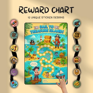 May include: A vibrant pirate-themed reward chart with the text "REWARD CHART" and "SAIL TO TREASURE ISLAND!". It features 12 unique sticker designs. The chart includes a pirate, treasure chest, and a treasure map.