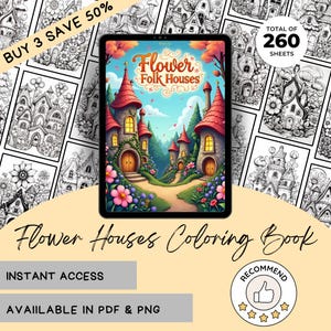 Coloring Book Flower Folk Houses PDF Printable Adult Kids Digital Download 260 Pages Fairy Cottage Garden Art Instant Access Gift Idea