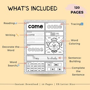 May include: Black and white printable worksheet for learning the word "come". The worksheet includes activities such as reading, writing, tracing, word search, word coloring, sentence building, and completing sentences. The worksheet features a cartoon chicken and the text "They come to study."