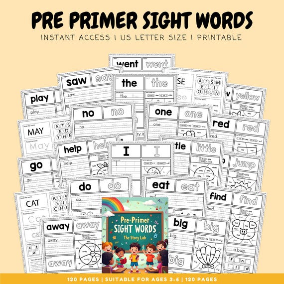 Pre Primer Sight Word Worksheets: Pre K Early Reading Practice Phonics Learning Activities (Digital Download PDF)