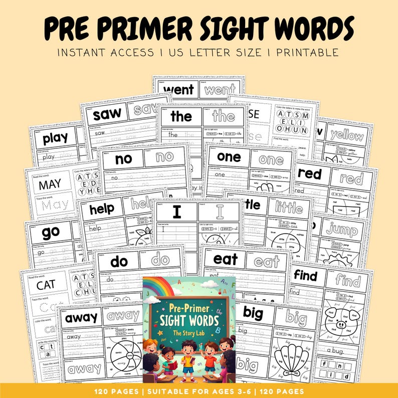 May include: A set of 120 printable worksheets for pre-primer sight words. The worksheets feature various activities, including tracing, coloring, and word searches. The worksheets are designed for children ages 3-6. The cover of the workbook features a colorful illustration of children in a classroom setting.