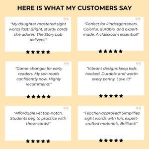 May include: Four customer testimonials about a product, each with a five-star rating. The testimonials highlight the product's effectiveness, durability, and value. The text includes phrases like "game-changer", "affordable yet top-notch", and "teacher-approved".