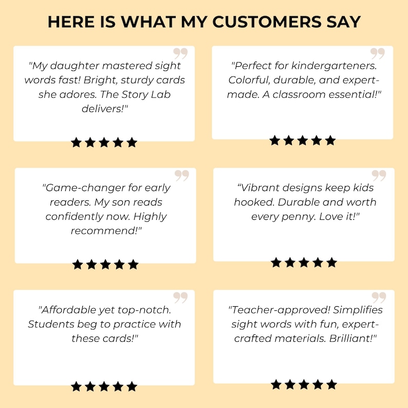 May include: Four customer testimonials about a product, each with a five-star rating. The testimonials highlight the product's effectiveness, durability, and value. The text includes phrases like "game-changer", "affordable yet top-notch", and "teacher-approved".