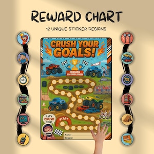 Puede incluir: Un colorido cuadro de recompensas con el texto "REWARD CHART" y "CRUSH YOUR GOALS!". El cuadro presenta un diseño de pista de carreras con monster trucks y espacio para pegatinas. Incluye 12 diseños de pegatinas únicos.