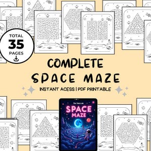 Könnte beinhalten: Eine Sammlung von 35 Weltraum-Labyrinthen mit verschiedenen Formen und Schwierigkeitsgraden. Der Titel "COMPLETE SPACE MAZE" ist prominent dargestellt, zusammen mit einem Tablet, das eine farbenfrohe Weltraumszene zeigt. Sofortiger PDF-Druck.