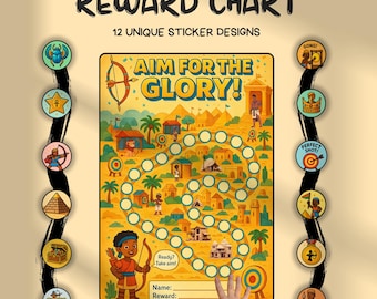 May include: A colorful reward chart with the text "REWARD CHART" and "AIM FOR THE GLORY!". It features 12 unique sticker designs and a game board with a desert theme. Includes space for a name and reward.