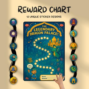 Può includere: Un colorato schema di ricompense intitolato "REWARD CHART" con il testo "12 UNIQUE STICKER DESIGNS". Il grafico presenta un percorso verso "THE LEGENDARY DRAGON PALACE!" con un drago verde e un bambino. Include 12 adesivi unici.
