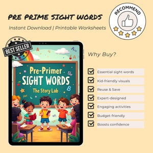 May include: A digital download of printable worksheets for teaching pre-primer sight words. The cover features a cartoon illustration of children in a classroom setting with a chalkboard that says "Pre-Primer Sight Words".
