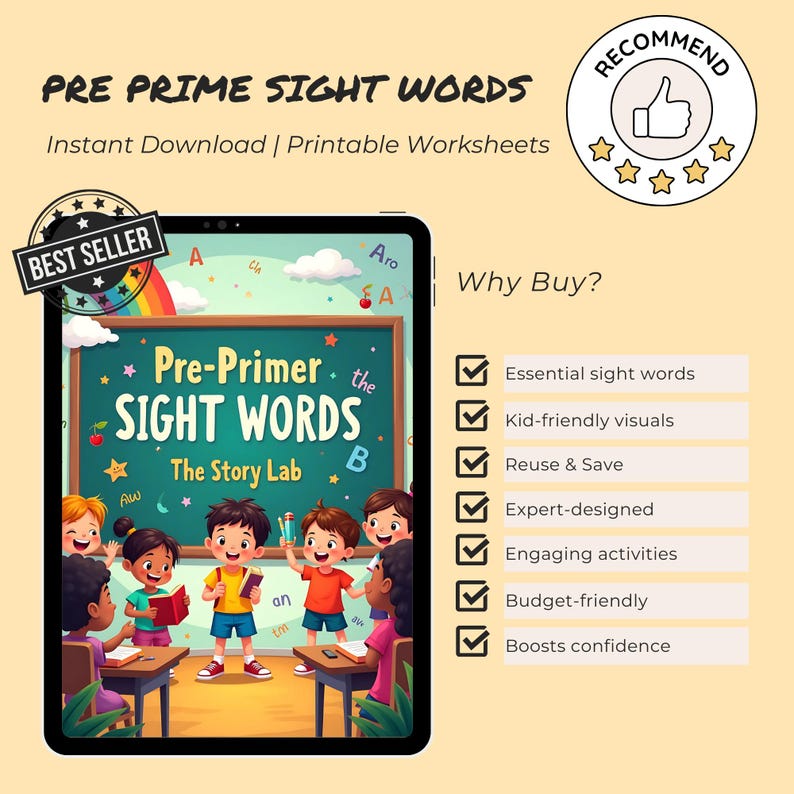 May include: A digital download of printable worksheets for teaching pre-primer sight words. The cover features a cartoon illustration of children in a classroom setting with a chalkboard that says "Pre-Primer Sight Words".