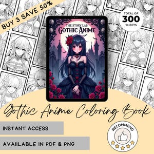 Anime Coloring Book Gothic Dark Aesthetic PDF Printable Adult Digital Download 300 Pages Manga Girls Instant Access Gift Idea