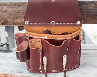 Bolsa de herramientas de cuero para instaladores de paneles de yeso con presilla para martillo y clip para cinta adhesiva – Resistente