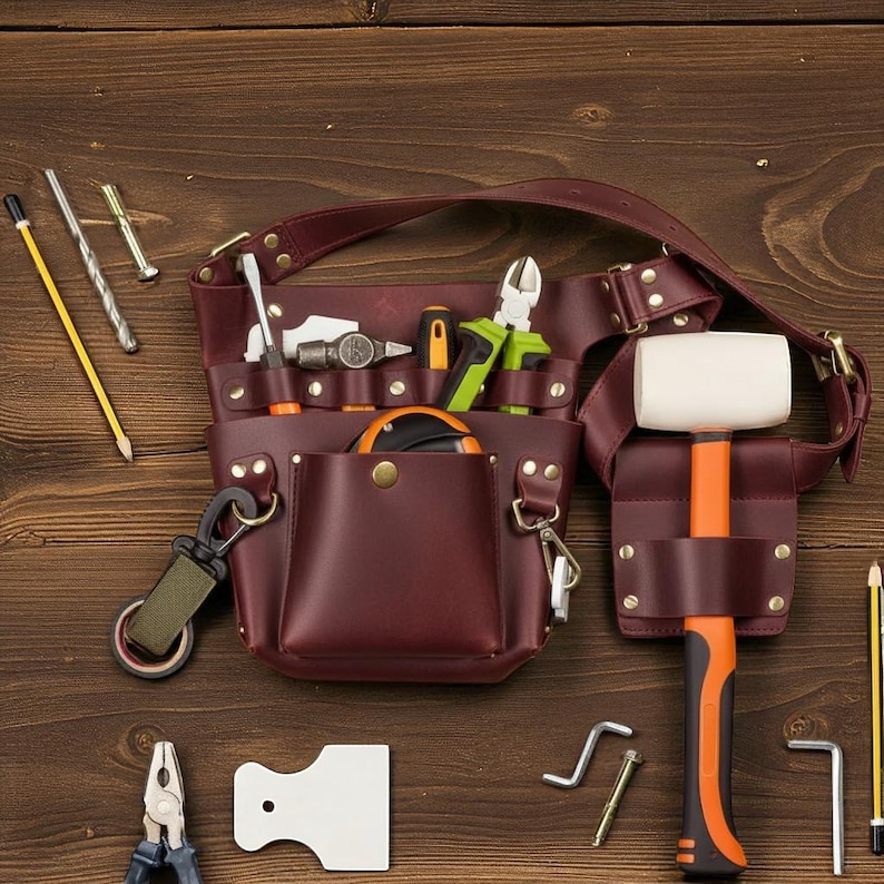 Cintura portautensili in pelle marrone fatta a mano: marsupio da carpentiere personalizzato Burgundy
