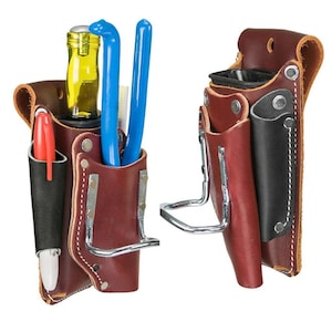 May include: Two brown leather tool belts with multiple pockets and loops. One belt holds a bottle, blue pliers, and a red marker. The other belt has a black pocket and a metal support bracket.