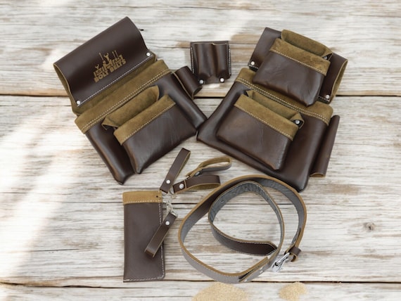 Handcrafted Leather Tool Belt: Heavy Duty Multi-Pocket Work Belt, Adjustable 30-57"