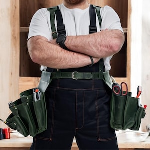 Heavy duty leather tool belt with suspenders, Adjustable tool pouch for carpenter, Custom handmade toolbelt, Durable work belt, happy easter