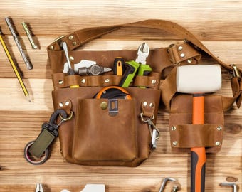 Cinturón de herramientas de cuero marrón hecho a mano: Bolsa de carpintero personalizada