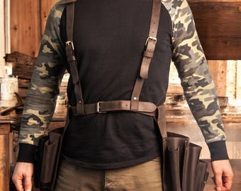 Full Grain Leather Tool Belt with Suspenders, Carpenter Pouch, Heavy Duty Framer Construction Belt