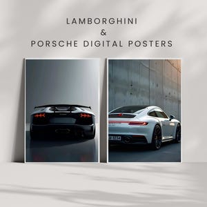 Paquete de pósteres de coches / Pósteres digitales de Lamborghini y Porsche / 2 en 1 / JPG de alta calidad / 1000 DPI / Descarga instantánea / Arte mural imprimible