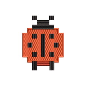 May include: An embroidered design of a pixelated ladybug. The ladybug is primarily orange with black accents, including spots, head, and legs. The design has a retro, 8-bit video game aesthetic.