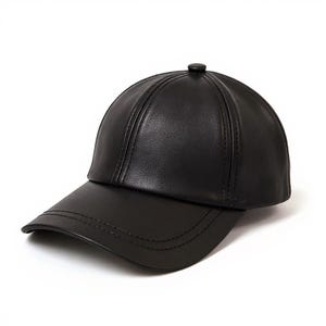 May include: A black baseball cap made of leather. The cap has a curved brim and a button on top. The stitching details are visible on the cap's panels and brim. This hat is a classic accessory.