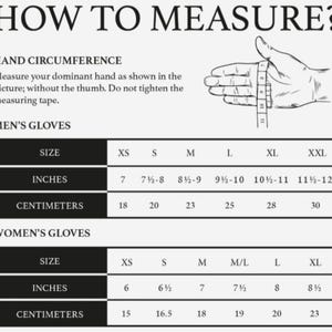 May include: Image showing how to measure hand circumference for gloves. Includes a hand with a measuring tape and size charts for men's and women's gloves, with sizes in inches and centimeters.