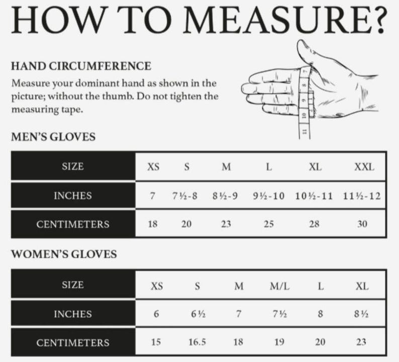 May include: Image showing how to measure hand circumference for gloves. Includes a hand with a measuring tape and size charts for men's and women's gloves, with sizes in inches and centimeters.