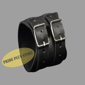 Handmade Wide Leather Cuff Bracelet: Double Buckle Punk Biker Wristband
