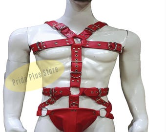 Imbracatura in pelle rossa, con cinghia pettorale regolabile per tutto il corpo, ideale per festival e discoteche da uomo.