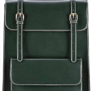 May include: A dark green leather backpack with white stitching and gold-colored buckles. The bag has a front pocket and adjustable shoulder straps. The design is classic and suitable for everyday use.