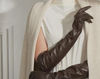 Guanti lunghi da sera da donna in vera pelle – Guanti eleganti marroni / Accessori fatti a mano per serate, matrimoni e feste