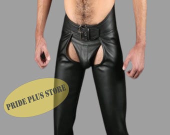Men's Black Handmade Cowhide Leather Biker Chaps, Motorcycle Festival Clubwear