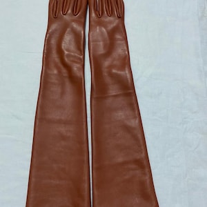 May include: A pair of long, brown leather gloves. The gloves are a warm, reddish-brown color and extend well past the wrist. The fingers are clearly defined, and the leather appears smooth and supple.