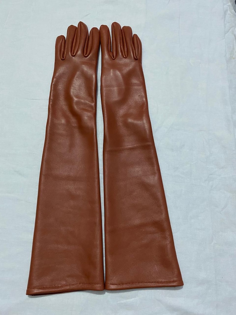 May include: A pair of long, brown leather gloves. The gloves are a warm, reddish-brown color and extend well past the wrist. The fingers are clearly defined, and the leather appears smooth and supple.