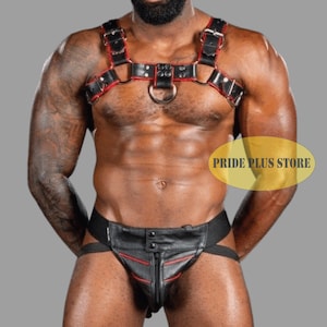 Men’s Black Leather Harness & Jockstrap Set with Red Accents | Bold Fetish Chest Gear  Clubwear