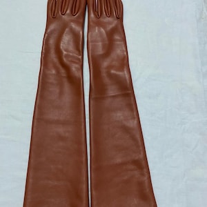 May include: A pair of long, brown leather gloves. The gloves are a warm, reddish-brown color and extend well past the wrist. The fingers are individually shaped, and the leather appears smooth and supple.