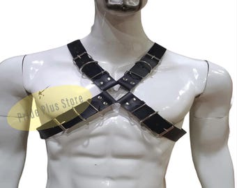 Imbracatura pettorale in pelle nera, cinturino regolabile con fibbia, ideale per festival e club, per uomo.