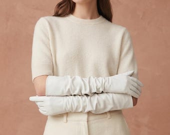 Echtes Leder Oper Handschuhe Frauen, Elfenbein Weiß Ellenbogen Länge Braut Hochzeit Abend Geschenk