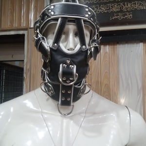 Handcrafted Black Leather Face Harness Mask | Adjustable Fetish Headgear with Metal Rings | Unisex Gothic Bondage Mask