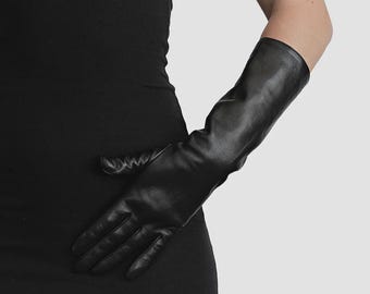 Women’s Genuine Leather Gloves – Black Mid-Length Elegant Evening Gloves for Party, Formal & Winter Wear