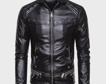 Giacca da motociclista in pelle nera da uomo – Giacca da motociclista slim fit con spalle trapuntate e tasche con cerniera