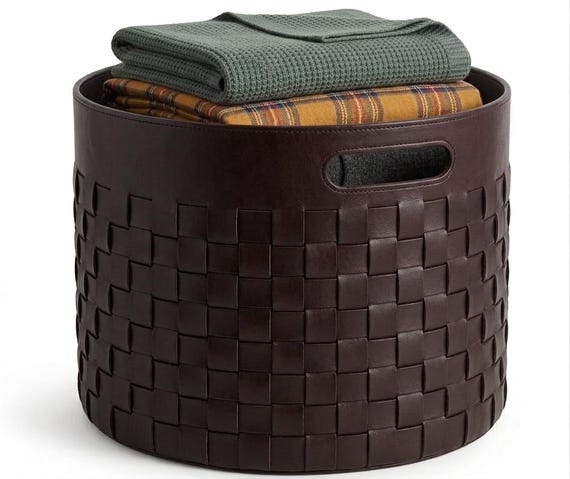 Handgefertigter Lederkorb, Runder Wäschekorb, Modern Home Organizer, Deckenaufbewahrung, Wohnzimmerdekoration