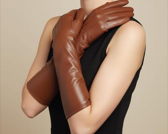 Genuine Leather Opera Gloves for Women – Long Brown Evening Dress Gloves | Elegant Formal Wear