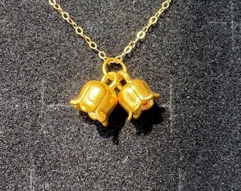 24k Solid Gold Lily of the valley Pendant Diamond Cut Cable Chain Necklace