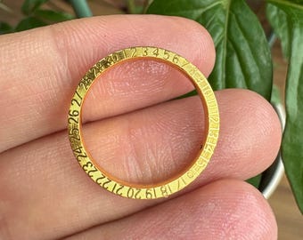 May include: A gold-colored ring with engraved numbers from 1 to 31 around the outer edge. The ring is held in a person's hand, with green foliage in the background. The ring appears to be a watch component or a decorative element.