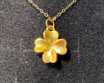 24k Solid Gold Four Leaf Clover Pendant Necklace, Au999